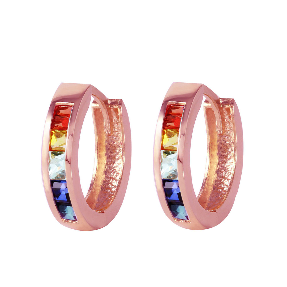 14K. GOLD HOOP EARRING WITH MULTI COLORS SAPPHIRES (Rose Gold) - Picture 1 of 3